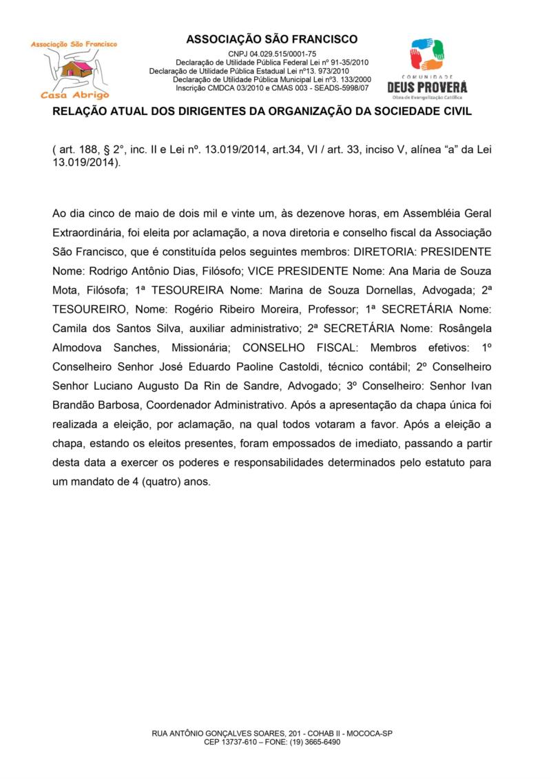 COMPOSIÇÃO ATUAL DOS DIRIGENTES DA ORGANIZAÇÃO DA SOCIEDADE CIVIL