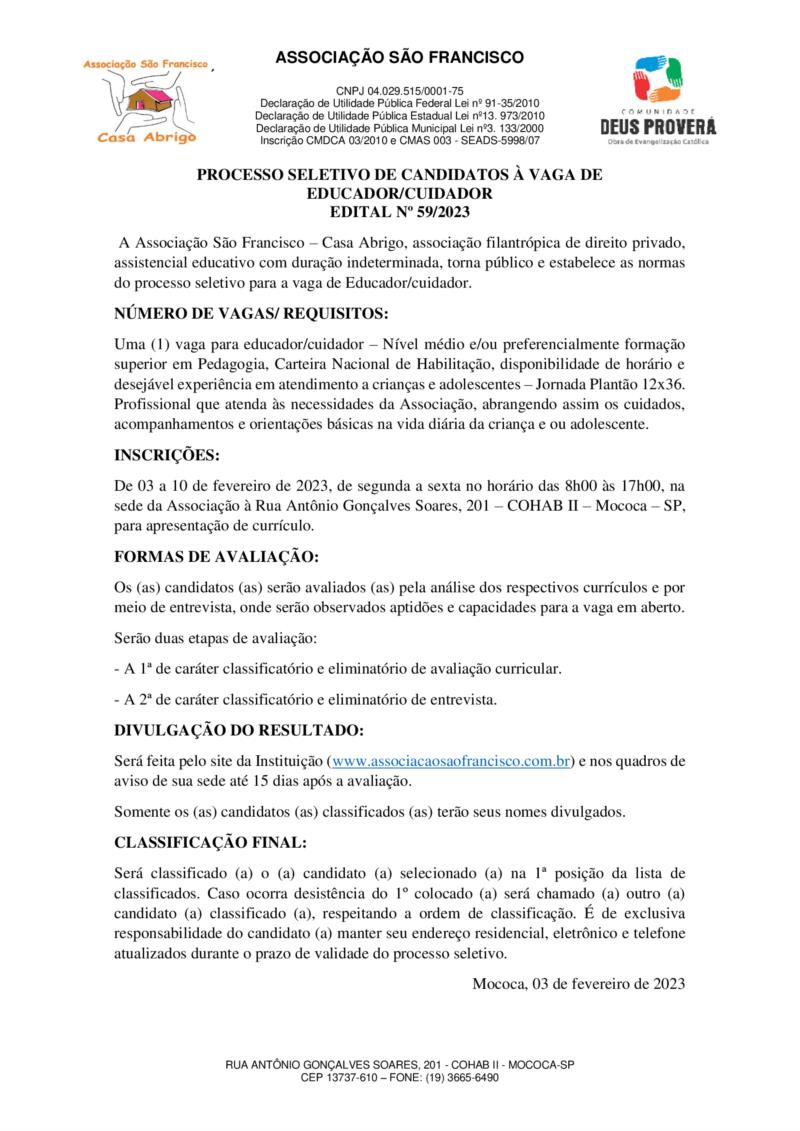 Processo Seletivo - Cuidador/Educador