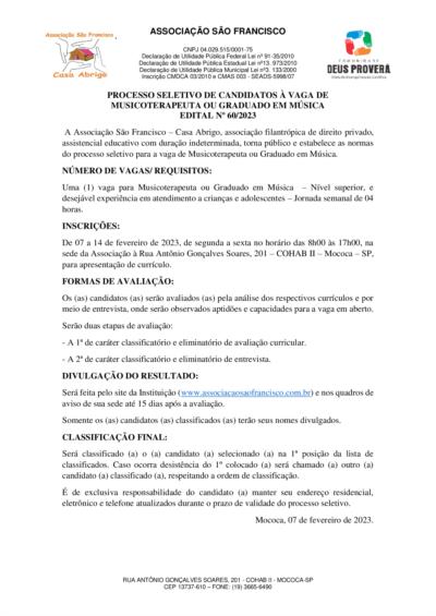 Processo Seletivo - Musicoterapeuta ou Graduado em música 