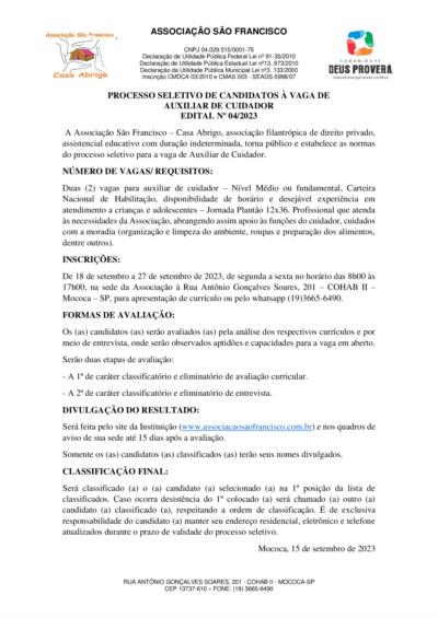 PROCESSO SELETIVO - AUXILIAR DE EDUCADOR 